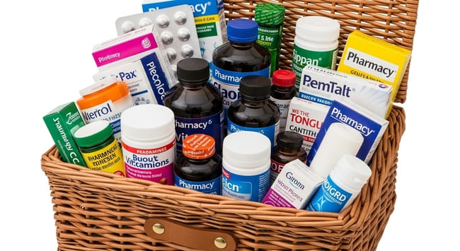Cesta con productos de farmacia