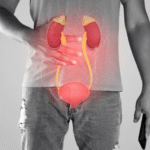 hombre con diagrama de sistema urinario